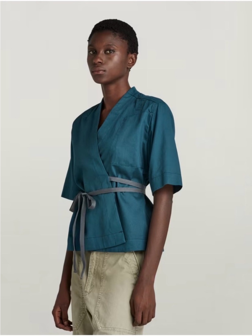 G-Star Aloha Square Dobby Teal Wrap Blouse with Gray Tie Belt Size Large NWT